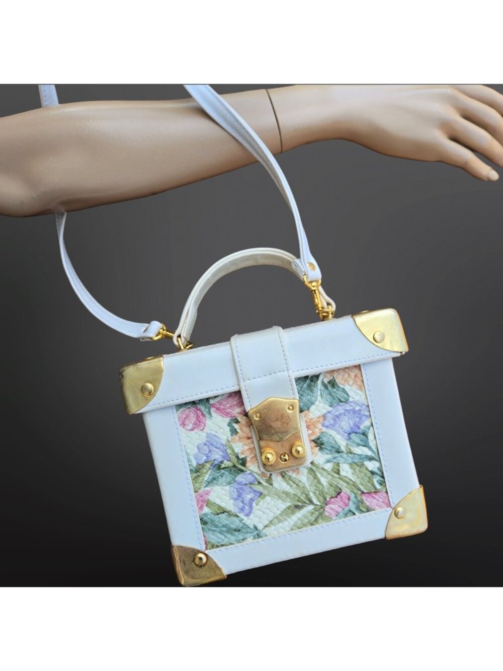 Vintage 80s Floral Box Bag Train Case Handbag Crossbody Strap Faux Leather 6 x 7